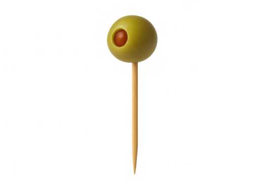 Green pimento stuffed olive on toothpick for cocktail garnish, appetizer, and snack concept