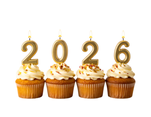 Four cupcakes with vanilla frosting and 2026 candles on a black background, celebrating the new year