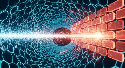 Dynamic digital barrier in a futuristic cyberspace tunnel, symbolizing advanced cybersecurity, data protection, and network defense against incoming information flow in a complex system