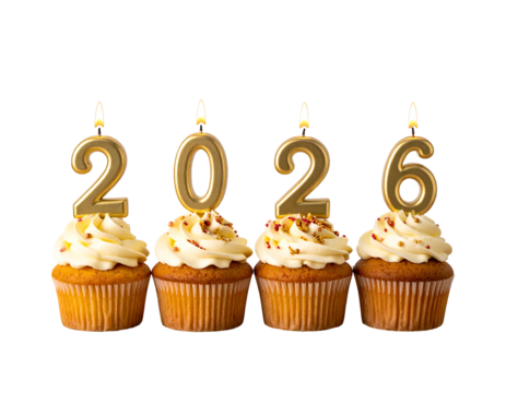 Four cupcakes with vanilla frosting and 2026 candles on a black background, celebrating the new year - Powered by Adobe