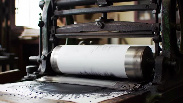 Black Ink Roller Press in Dark Room with Wooden Background Printing a Scenic Image