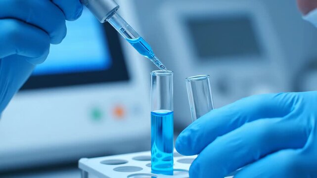 Blue Liquid Being Poured into Test Tube with Gloves Close Up