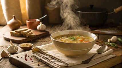 A delicious hot bowl of homemade soup steaming on a rustic wooden table in a warm cozy kitchen