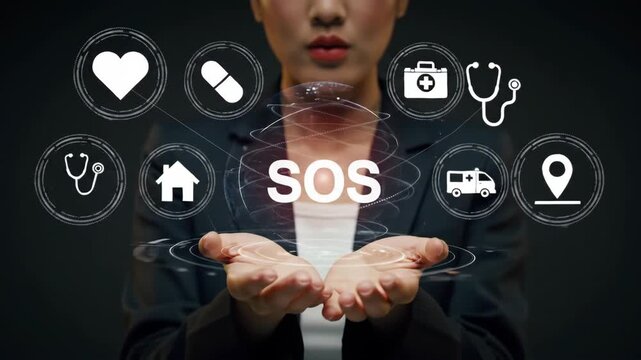 Businesswoman In Dark Blazer Presenting Sos Text And Medical Icons On Black
