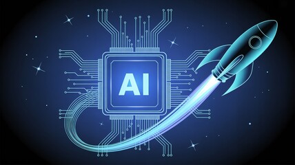 AI innovation takes flight with futuristic rocket launching into digital space