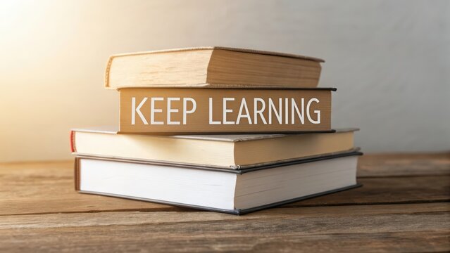 A stack of hardcover books on a wooden desk with an inspirational Keep Learning quote