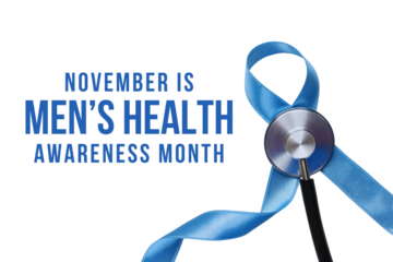 Blue ribbon and stethoscope for men's health, isolated, PNG