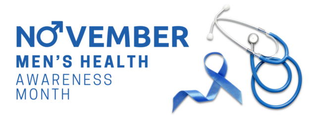 Men's health awareness: blue ribbon and stethoscope, isolated, PNG