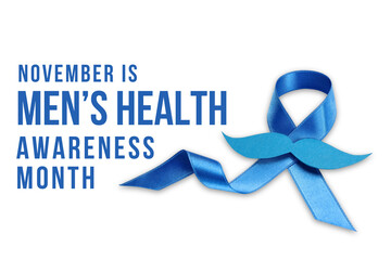 Blue ribbon and mustache for men's health, isolated, PNG