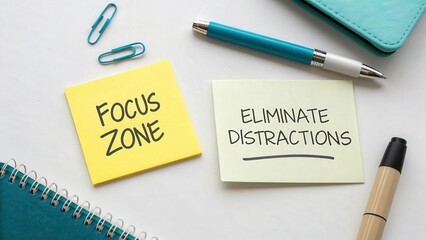 Handwritten sticky notes reading Focus Zone and Eliminate Distraction on a desk to promote productivity