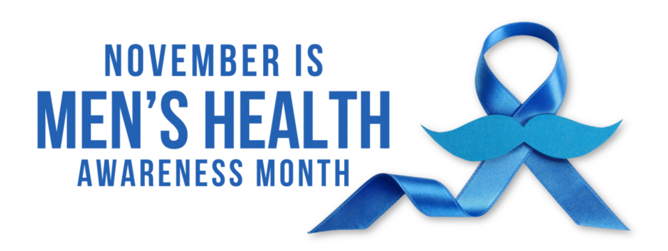 Blue ribbon with mustache for men's health, isolated, PNG