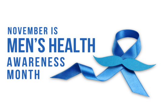 Blue ribbon and mustache for men's health, isolated, PNG