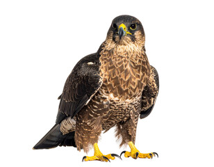 A majestic brown and black bird of prey stands tall with piercing yellow eyes