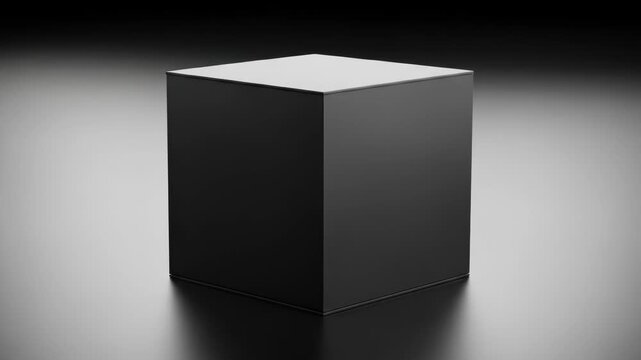 A glossy, black cube stands on a reflective surface against a gradient background
