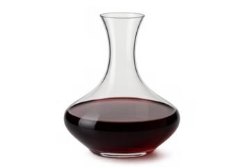 Elegant wine decanter holding red wine for aerating and serving, isolated with transparent background