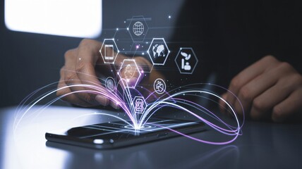 Digital connection with technology icons emerging from smartphone screen