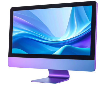 Sleek monitor with a blue, white, and purple abstract wallpaper on a modern black frame and violet stand