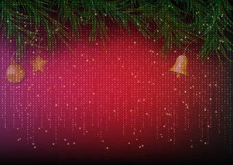 Binary code on Merry Christmas and Happy New Year with pine leaf, ball, star and bell.