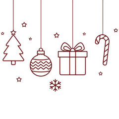Minimal line art christmas hanging ornaments and gift boxes vector, festive xmas holiday decoration illustration