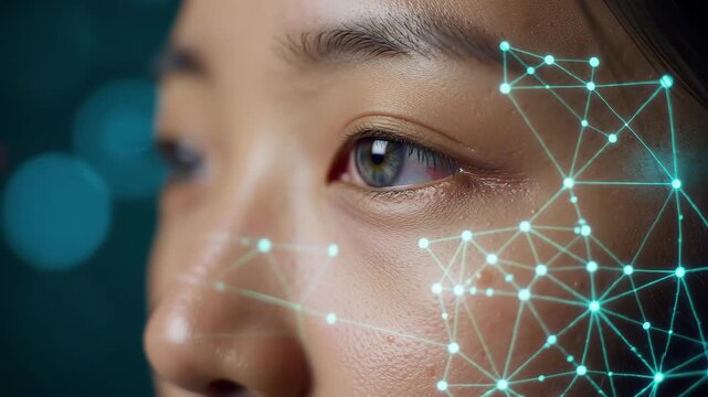 Close Up of Asian Woman with Teal Face Mapping Network Overlay