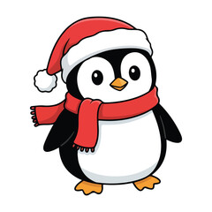 Cute penguin wearing red scarf cartoon vector, christmas winter animal illustration, adorable xmas holiday design
