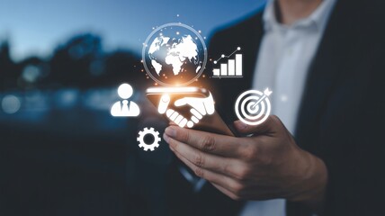 Business partnership success with global network technology and growth