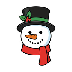 Cute snowman with black hat and red scarf vector, christmas winter holiday cartoon illustration, festive xmas decoration