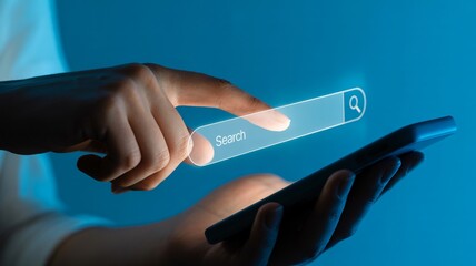 Person searching online on smartphone with glowing search bar interface
