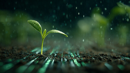 green seedling sprouting from an abstract digital currency base, representing the growth of sustainable finance, green economy, and eco-friendly investments. The visual symbolizes innovation, environm