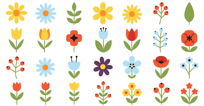 Fototapeta Collection of colorful flat design flowers. Vector set of simple floral icons including daisy, tulip, poppy, and berries for spring and summer decoration.