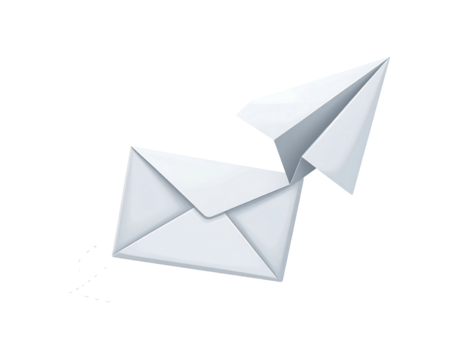 Glossy cartoon image of an envelope and paper airplane flying away on a black background