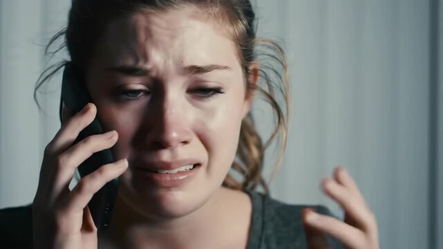 Close Up of Crying Woman Holding Black Mobile Phone Against a White Background