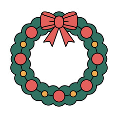 Christmas wreath with red bow cartoon vector, festive holiday decoration illustration, xmas ornament design isolated