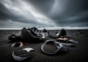 Dramatic broken seashells on black sand beach under a stormy sky