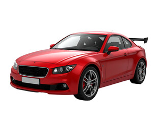 Sleek red sports car with a spoiler, side view, isolated on a black background