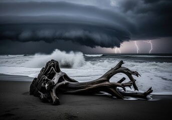 Weathered driftwood on a dark, stormy beach with crashing waves and lightning