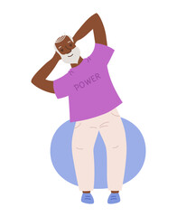 Elderly man doing sports, exercises on fit ball. Recovery after illness rehabilitation. Gymnastic Pilates grandfather workout. Older funny man play sports cartoon vector fitness training gymnastics