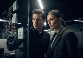 Dedicated business team collaborating on innovative strategy using a clear glass board