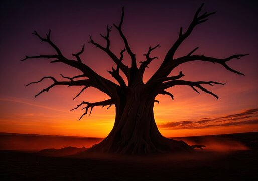 Dramatic silhouette of a gnarled dead tree against a vibrant sunset sky