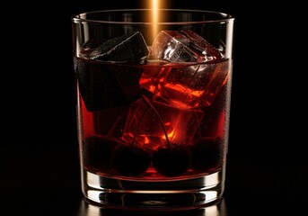 Moody dark cherry bourbon smash cocktail with obsidian ice and black cherries