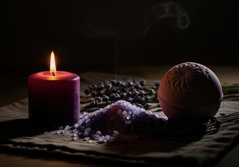 Glowing purple candle, aromatic bath salts, and bath bomb for tranquil spa
