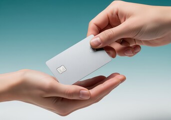 Handing over a sleek matte silver debit card with contactless payment symbol