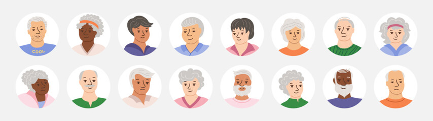 Set of avatars of happy smiling elderly people. Portraits old men and women cartoon characters flat set. Laughter joy, smile adult seniors different nationalities male female circle web avatars vector