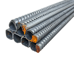 Stack of square steel pipes, dark in color, with patterned surface, end showing orange oxidation, stacked diagonally