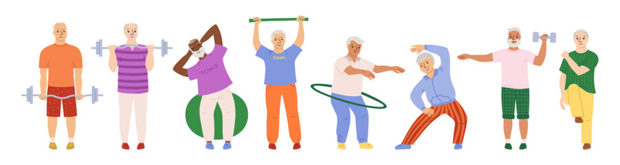 Older people play sports cartoon set. Elderly characters old men senor with hobbies. Adult seniors running, fitness exercises, gymnastics gym, cardio, yoga class, stretching jogging, strength training