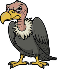 Angry cartoon vulture, fierce buzzard character, bald scavenger bird mascot, evil wildlife predator, funny animal illustration, dangerous bird design, isolated vector artwork