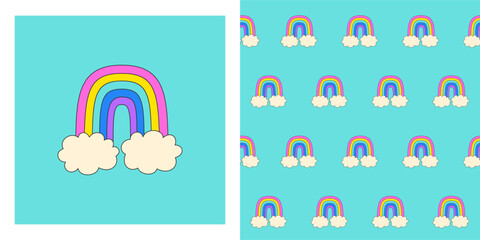 Rainbow retro cartoon seamless pattern. Comic rainbow and two clouds for kids 90s boundless background. Psychedelic hippie sticker endless design for paper print textile, wrapper backdrop template