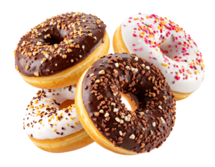 Four donuts stacked two with white frosting and sprinkles, two chocolate with nuts, on a black background