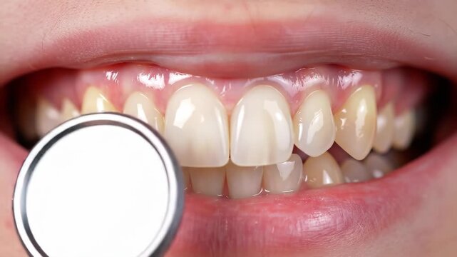 Close Up of Teeth with Dental Mirror for Examination and Oral Health