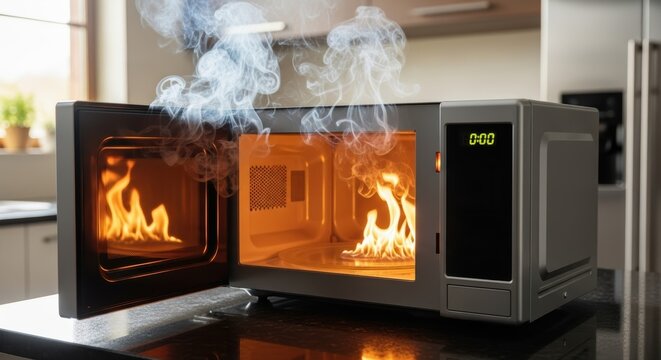 A microwave oven with its door open showing flames and smoke inside in a kitchen setting indoors